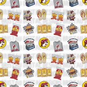 May include: Seamless pattern featuring various Buc-ee's themed items. Includes a Brisket Sandwich, bags of candy, popcorn, and jerky, a Buc-ee's t-shirt, a Buc-ee's stand, and flip-flops. The design is repeated across a white background.
