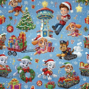 Op de afbeelding: Een feestelijk, herhalend patroon met personages uit de animatieserie Paw Patrol in een kerstthema. Het ontwerp bevat de personages met kerstmutsen, omringd door kerstbomen, cadeaus en sneeuwvlokken op een lichtblauwe achtergrond.