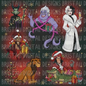 Op de afbeelding: Digitale illustratie met Disney-schurken in feestelijke kleding. Personages zijn onder meer Maleficent, Ursula, Cruella de Vil, Jafar, Scar en Kapitein Haak, elk met cadeaus en decoraties.