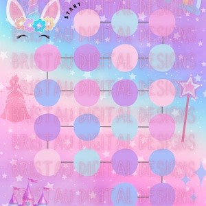 May include: A printable game board with a pink, blue, and purple background. The board features a unicorn, a princess, a castle, and a magic wand. The game board has the text "Start" and "My Reward: ".