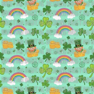 May include: A repeating pattern with rainbows, leprechauns, gold coins, and shamrocks on a light green background. The design includes white clouds, green hats, and a spiral design. The text "BRISTAU DIGITAL DESIGNS" is repeated throughout the pattern.