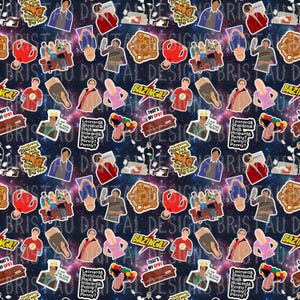 May include: A repeating pattern of stickers featuring characters and phrases from a popular sitcom. The stickers include characters, catchphrases like "Bazinga!" and "That's my spot," and other show-related imagery. The background is a dark blue with a galaxy design.