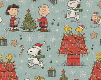 May include: A repeating pattern featuring Peanuts characters in a Christmas theme. Snoopy wears a Santa hat and scarf, and Charlie Brown decorates a Christmas tree. The background is a light blue with snowflakes, musical notes, and gift boxes.