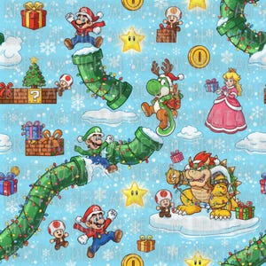May include: A repeating pattern featuring Super Mario characters in a Christmas theme. Mario, Luigi, Yoshi, Princess Peach, and Bowser are shown with festive decorations on a light blue background with snowflakes.
