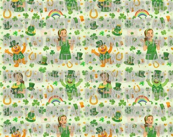 May include: A repeating pattern featuring St. Patrick's Day themed illustrations. The design includes leprechauns, rainbows, pots of gold, shamrocks, and hats in shades of green, orange, and gold on a light green background.