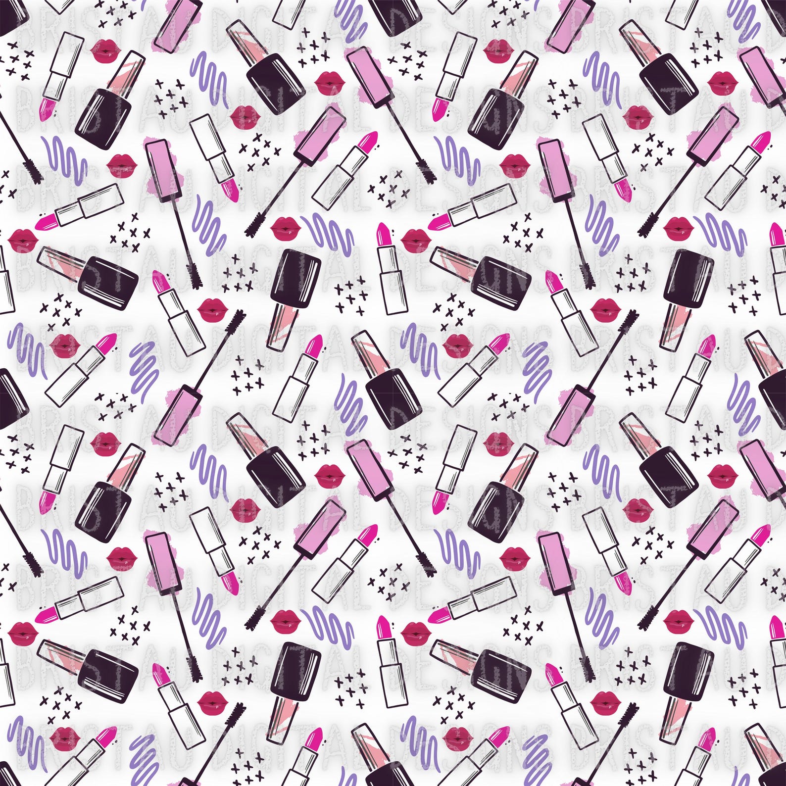 Makeup Seamless Pattern: Lipstick, Mascara, Kisses (digital Download ...