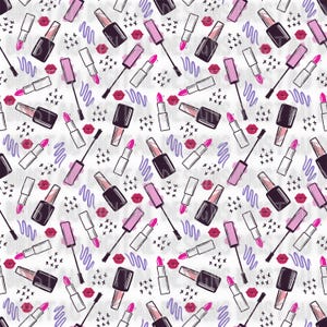 May include: A seamless pattern featuring various makeup items, including lipstick, nail polish, mascara, and eyeliner. The design is set against a white background with black and purple accents.