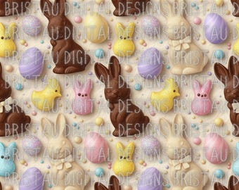 Patrón sin costuras de conejito de chocolate de Pascua / Caramelo pastel PNG (Descarga digital)