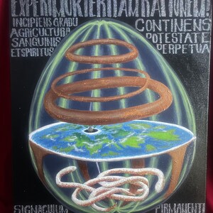 May include: A black canvas painting depicting a flat earth model with a green and blue globe surrounded by concentric rings. The text "EXPERILJURTERTIAM RATIONEL" is at the top of the painting. The text "CONTINENS POTESTATE PERPETUA" is on the right side of the painting. The text "SIGNACULUM CAUTIONESNULLAS ANGUILLASELIQUARE ETMINERALE CIRCULATIONEM" is at the bottom of the painting.