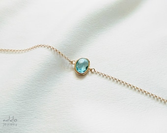 Delicada pulsera de cristal de aguamarina, pulsera de cristal de cumpleaños de marzo, pulsera con piedra natal, pulsera en capas, regalo para ella, pulsera rellena de oro de 14 k