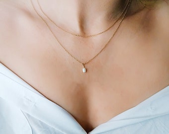 SET Tiny Oval Pearl Necklace and Simple Chain- Modern Pearl Drop Necklace- 14k Gold Filled,Sterling Layered Necklace- Birthday Gift For Her