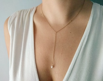 Parel lariat ketting-Y ketting-sierlijke lariat ketting-bruiloft ketting-minimale gelaagdheid sieraden-14k gold filled, zilver gevuld
