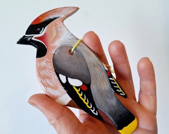 Ceramic Waxwing hanging threaded ornament