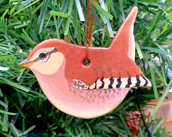 Ceramic wren hanging threaded ornament