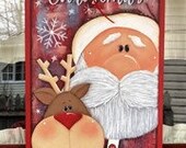 Merry Christmas Door Hanger, Santa and Reindeer, Hand Painted Wood, December Decoration, Christmas Décor