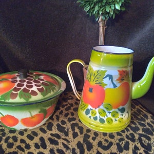 Vintage, Hand Painted Enamelware Mid century Modern Coffee Pot and Lidded Bowl Graniteware