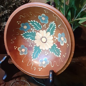 Vintage 6-inch Wooden Hand-painted Bowl Signed and Dated Hand-Painted Wooden Bowl Farmhouse MCM Wooden Bowls Wall Hanging Kitchen Decor