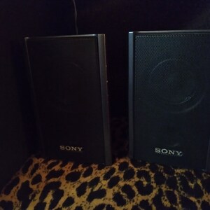 Puede incluir: Dos altavoces Sony negros con una parte frontal de malla y el logotipo de Sony. Los altavoces rectangulares est&aacute;n colocados sobre una superficie con estampado de leopardo. Estos altavoces est&aacute;n dise&ntilde;ados para la reproducci&oacute;n de audio.