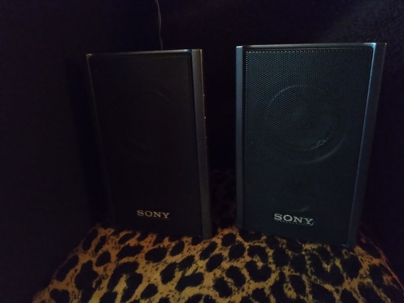 Puede incluir: Dos altavoces Sony negros con una parte frontal de malla y el logotipo de Sony. Los altavoces rectangulares est&aacute;n colocados sobre una superficie con estampado de leopardo. Estos altavoces est&aacute;n dise&ntilde;ados para la reproducci&oacute;n de audio.