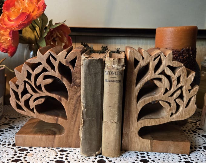 Timber Book Protector Pair of Carved Wooden Tree Bookends Tree of Life Library Farmhouse ...