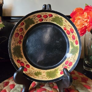 Vintage Toleware Hand Painted Shallow Bowl Enamelware Toleware Painted Tin Bowl Farmhouse Cottage Boho Country Primitives Americana