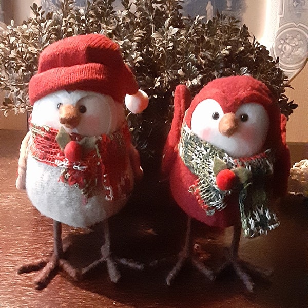 Vintage Pair of Cloth Felt Owls Owl Figurines Vintage Owl Figurines Standing Dressed Felt Owls Bird Figurines Cloth Dressed Birds Christmas