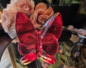 Beautiful Red Glass Butterfly Sculpture Figurine Vintage Art Glass Insects Garden Boho Country Farmhouse