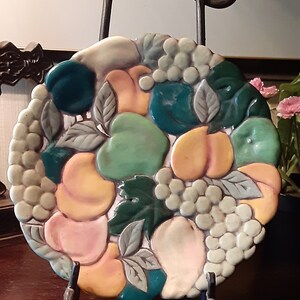Vintage Majolica Style Decorative Plate Artist Signed Ceramic Art Plate Wall Art Hanging Art Vintage Ceramic Art Embossed Fruit Plate