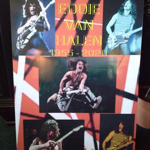 May include: A black and white collage of photos of Eddie Van Halen, a famous guitarist. The collage includes photos of him playing guitar, and a photo of him in a concert setting. The text "Eddie Van Halen 1955-2020" is printed in yellow on a red and white striped background.