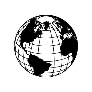 May include: A black and white illustration of a globe, showcasing continents and a grid of latitude and longitude lines. The globe is a sphere, with the continents filled in solid black against a white background.