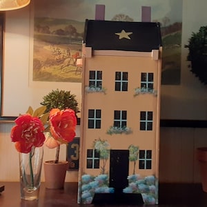 Tall Wooden Painted House Box Storage Container Painted Wooden House Primitive Saltbox House Homemade Wood House Dollhouse Toilet Paper Hold