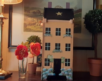Tall Wooden Painted House Box Storage Container Painted Wooden House Primitive Saltbox House Homemade Wood House Dollhouse Toilet Paper Hold