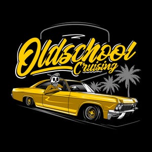 May include: Illustration of a yellow classic car with a skeleton driver, the text "Oldschool Cruising" in yellow script, and palm trees on a black background. The car has a low profile and vintage design.