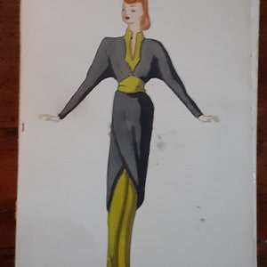 Könnte beinhalten: Eine handgezeichnete Illustration einer Frau in einem grauen Kleid mit einem gelben Gürtel und einer gelben Hose. Die Illustration ist auf weißem Hintergrund.