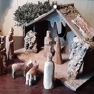 Vintage Nativity Stable and 8 Hand Carved Wooden Figures Nativity Scene Vintage Nativity Stable Vintage Nativity Scene Christmas Decor