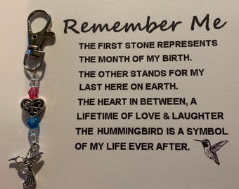 Remember me BIRTHSTONE KEYCHAIN/ ornament! Customized to your personalized liking  Hummingbird option