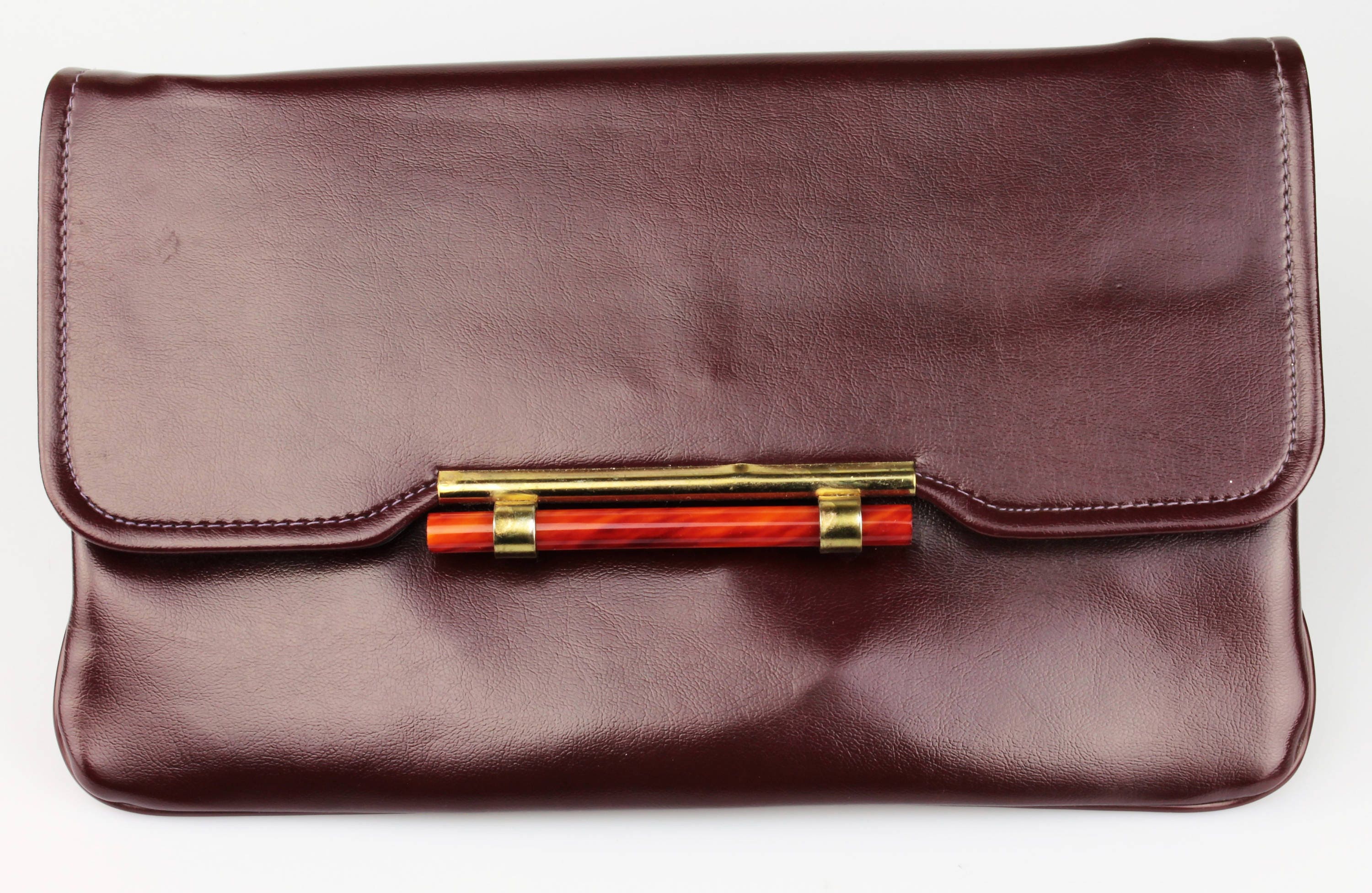 Vintage Brown Faux Leather Convertible Clutch With Brass-toned/faux ...