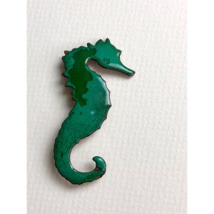 Vintage Pin Brooch Seahorse Modern Green Enamel on Copper