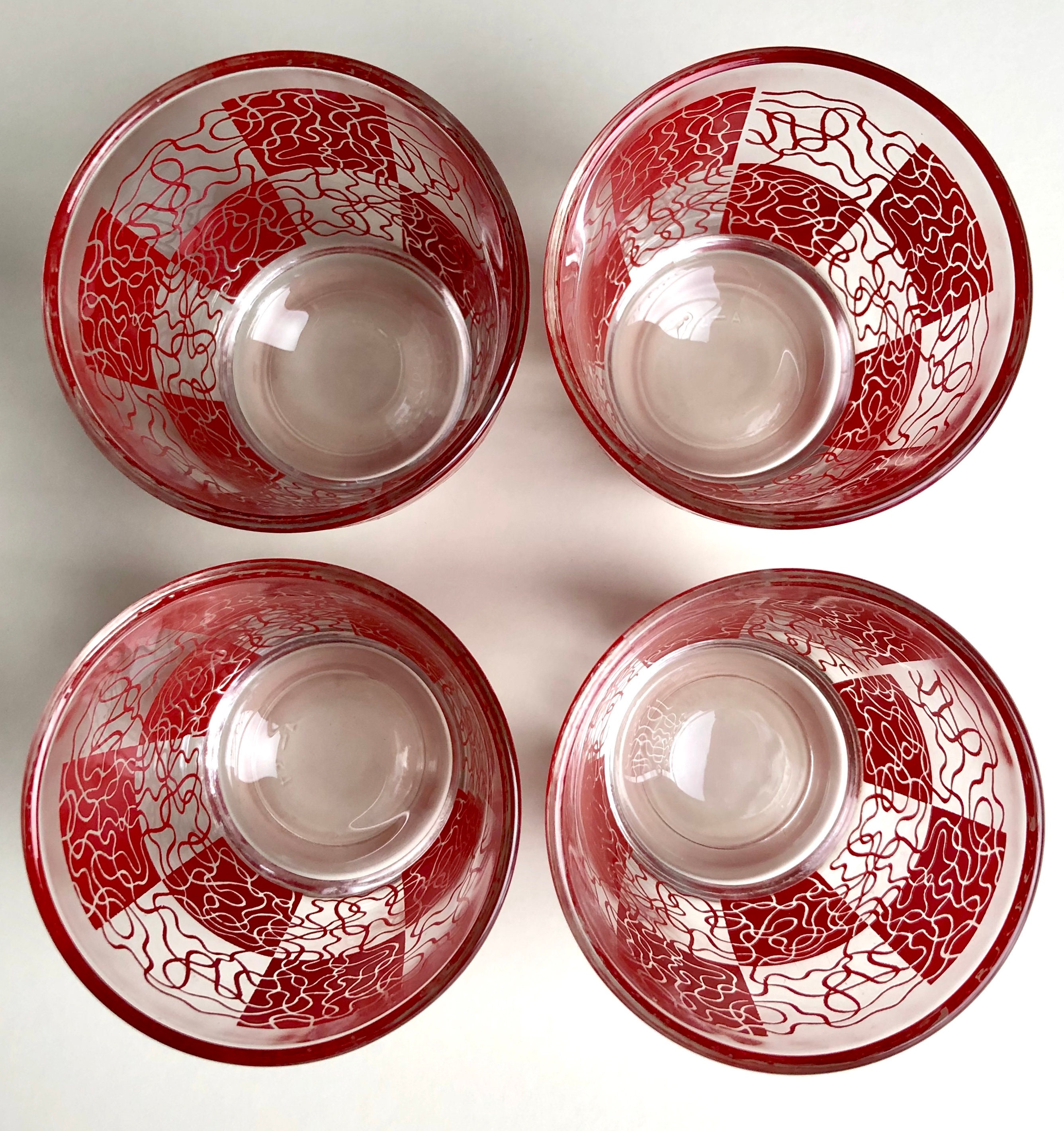 Vintage Hazel Atlas Sour Cream Jar Glasses Red Squiggle Square Etsy