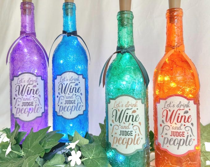 Crackle Finish Lighted Wine Bottle | Sarcastic Quote Lets Drink Wine & Judge People | Fairy Lights Lamp Decoration