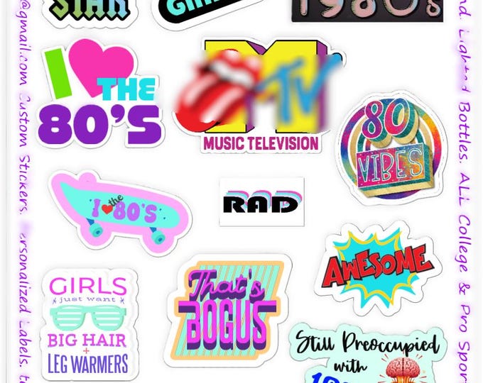 80's Retro Theme Sticker Sheet of 18 Vinyl Decals | Eighties Pop Culture Party Decor