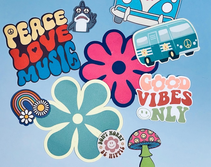 Boho Stickers |  Hippie Bus Flowers Peace Love Groovy Vibes | Glossy Vinyl Durable | Perfect for Phone Case Laptop Notebook Bike Skateboard