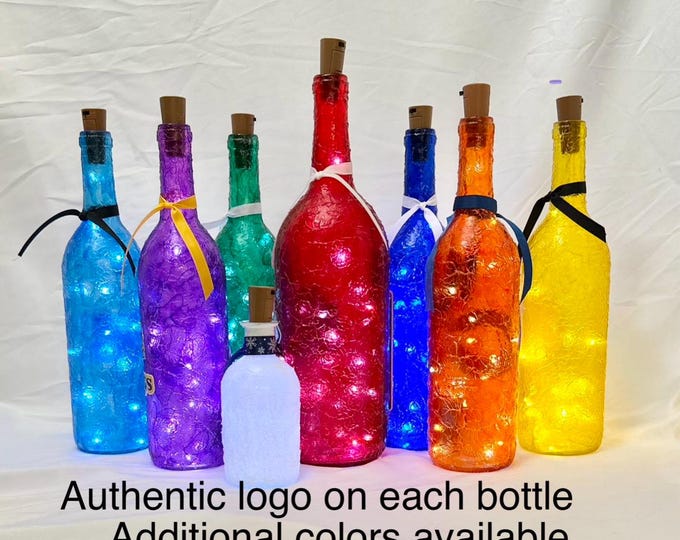 EMAIL OFFER Sports lightup bottle inventory clearance. Authentic decals Team appropriate colors Football playoffs Baseball gifts fairy light