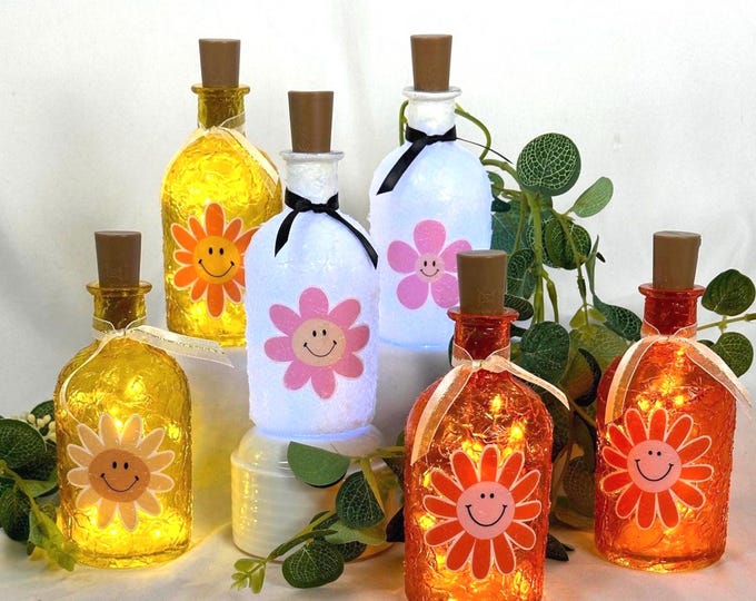 Cheerful Smiley Face Decoration | Smile Home Accent |  Cheer up Gift | Cute Bottle w/ Fairy Lights | Whimsical Ambient Lighting | Boho Lamp