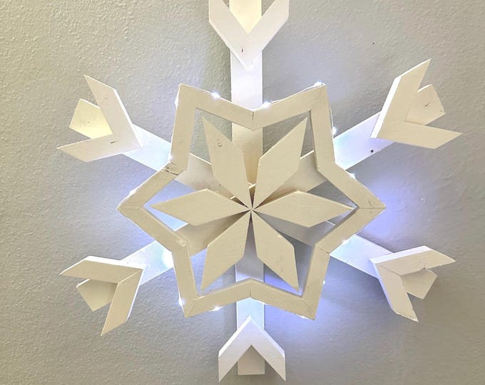 SNOWFLAKES-Lighted-16” Wooden Rustic-Lighted Battery operated-Hanging-Distressed wooden snowflake-Lighted wooden snowflake