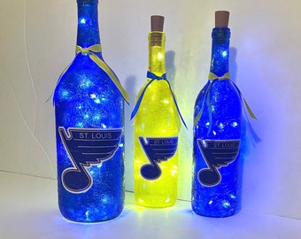 St. Louis Blues lighted bottles. St. Louis Blues lights. St Louis Blues gift. St Louis Blues man cave.
