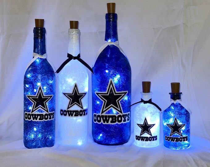 Featured listing image: Dallas Cowboys lights. Dallas Cowboys gifts. Dallas Cowboys man cave. Dallas Cowboys lighted bottles.