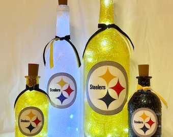 Pittsburgh Steelers lights. Pittsburgh Steelers gifts. Steelers man cave. Pittsburgh Steelers lighted bottles.