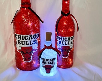 Chicago Bulls lights. Chicago Bulls light up bottles. Chicago Bulls man cave. Chicago Bulls lighted wine bottle. Bulls gift