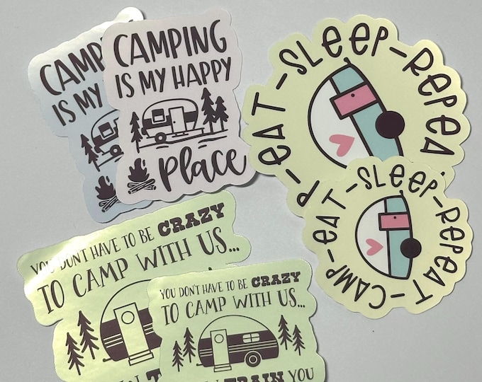 Stickers-Vintage retro camper. Camping lover -Set of 6-1.5-3.5” -lighted bottle with one of the 6 pictured. Camping lover gift. Stickers